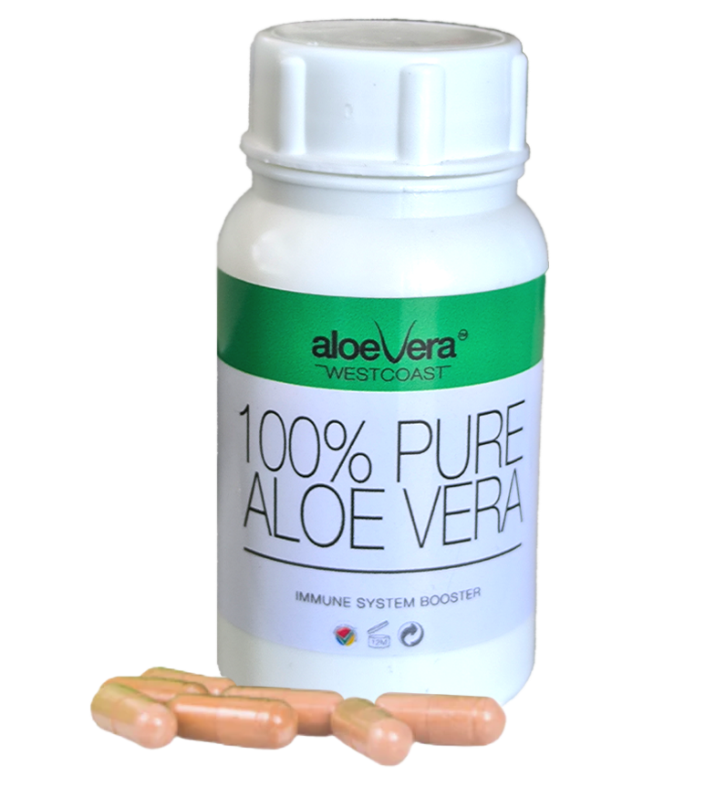 Bottle of 100% Pure Aloe Vera with capsules