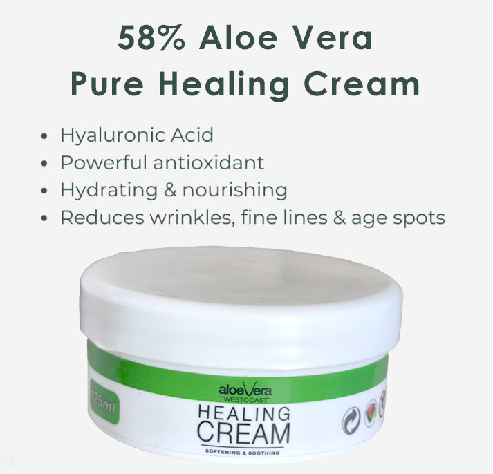 Aloe Vera healing cream jar with product features listed