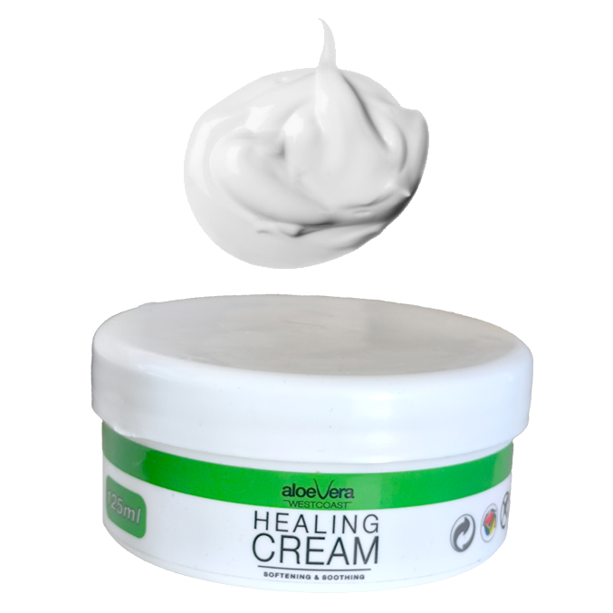 Jar of aloe vera healing cream with a scoop of cream above it